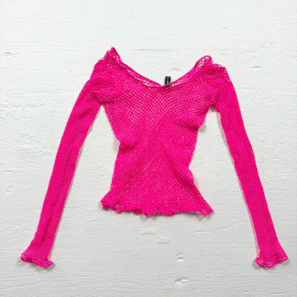 Y2K BodyRage Neon Pink Fishnet Long Sleeve Top, One Size - Picture 1 of 6